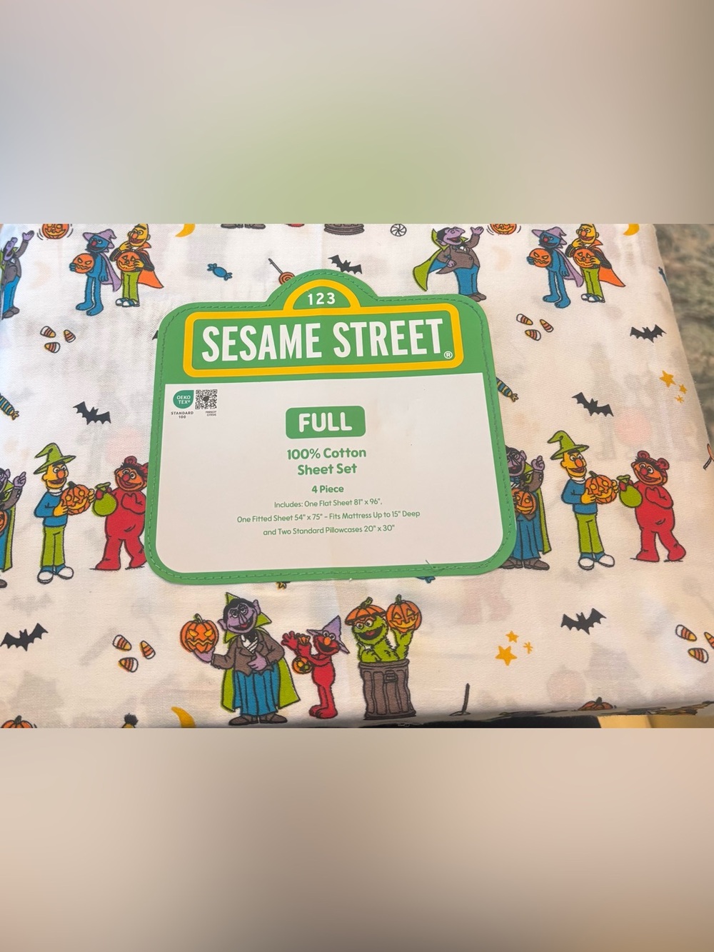 Sesame Street Twin Size Sheet Set Halloween Cotton Elmo Cookie Monster Count New